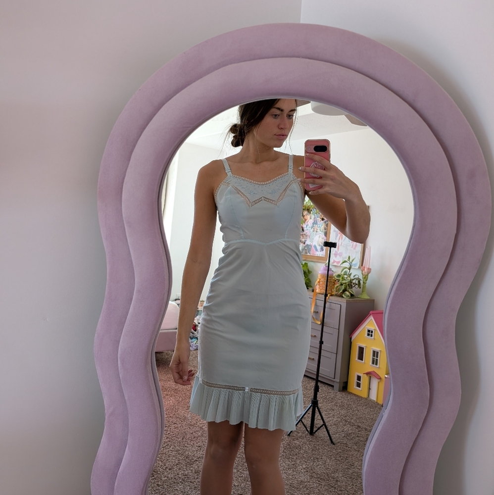Vintage Antique Light Blue Slip Dress with Lace Trim Size Medium